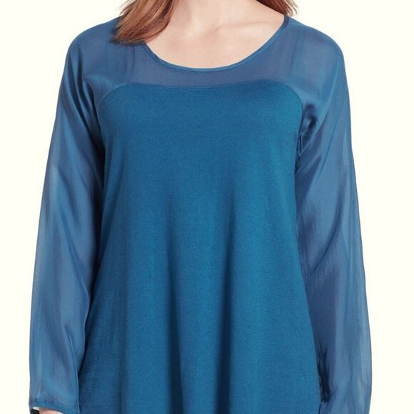 Eileen Fisher Deep Sky Scoop Neck Woven Contrast Tunic - Picture 1 of 5